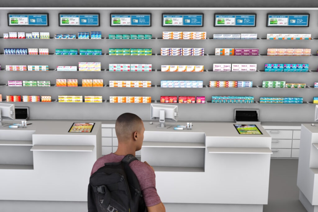 Digitaler Header über Regalen in Apotheke